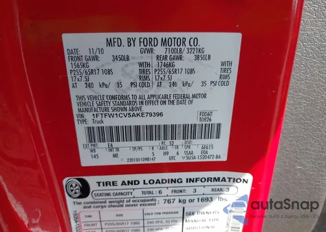 2010 Ford F-150 Fx2 Sport/Harley-Davidson/King Ranch/Lariat/Platinum/Xl/Xlt from USA, damaged, VIN 1FTFW1CV5AKE79396